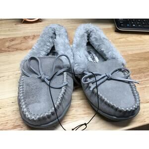 Minnetonka Camp Collar Slippers Women's 5 Gray Suede Fur Lined Moc Toe Slip-On